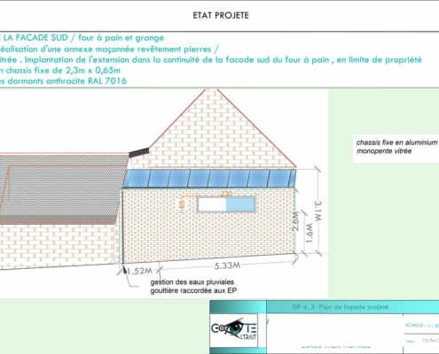 Côte et trait - réabilitation d'une grange - Déclaration Préalable de travaux plan façades projetées 3